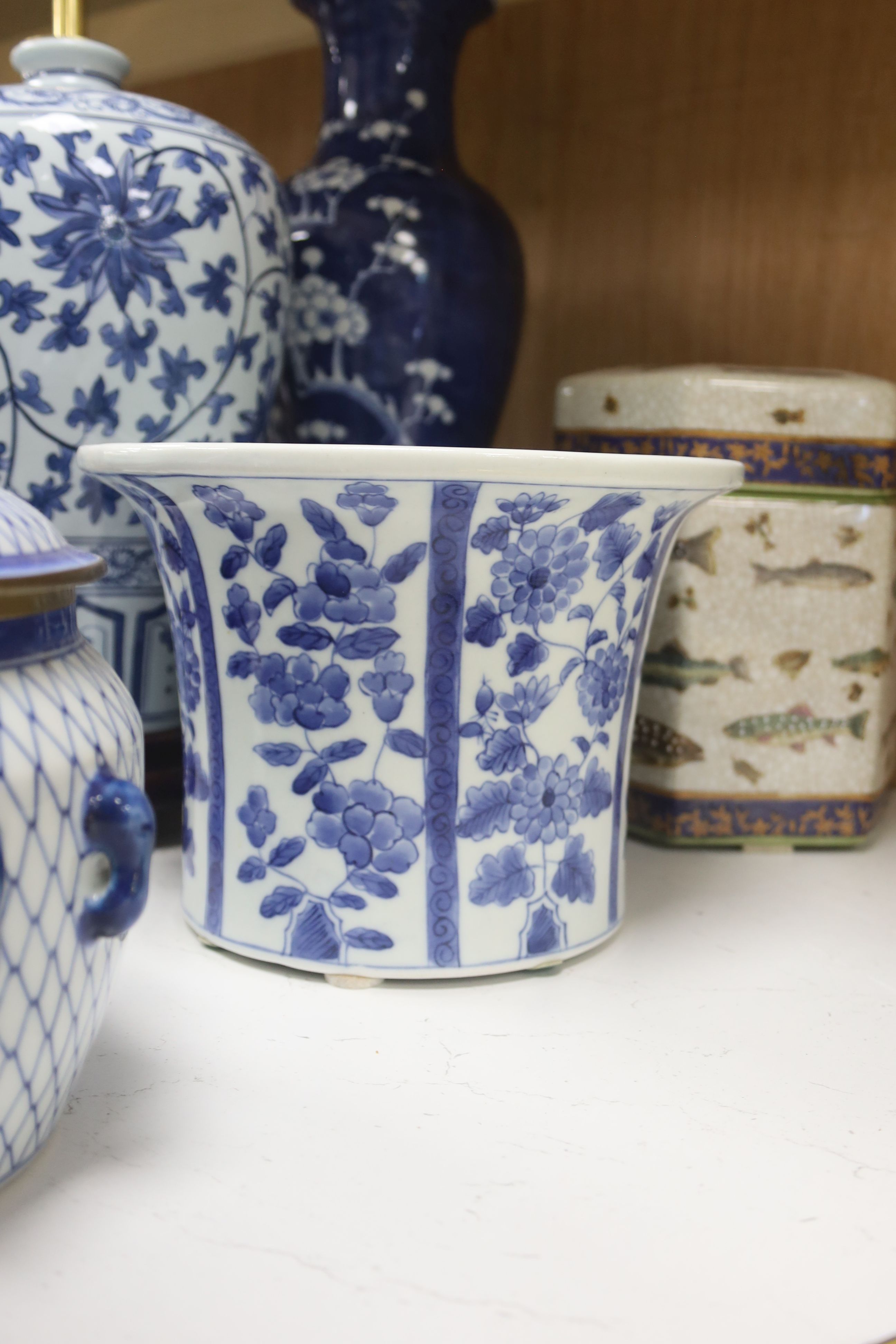 Two Chinese porcelain blue and white lamps, a similar jardinière, two bowls and covers and a hexagonal box and cover